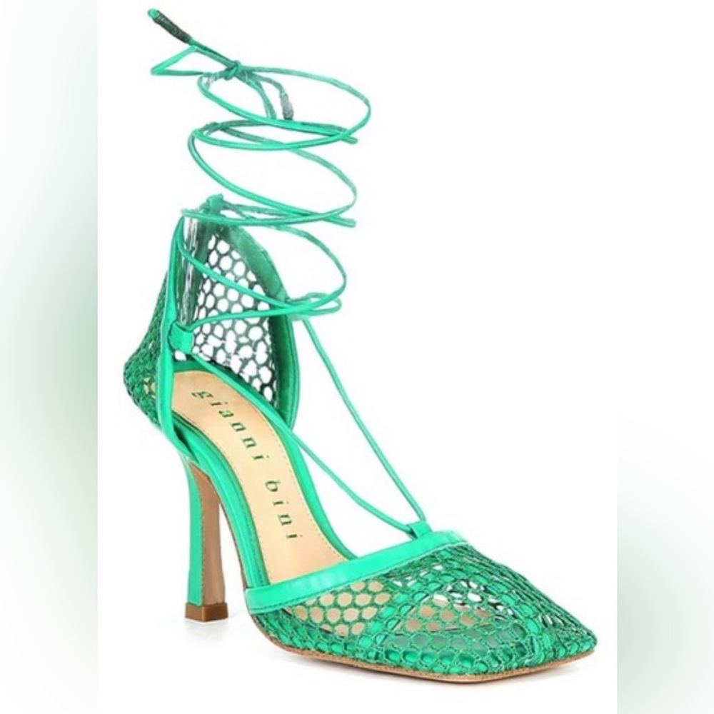 Gianni Bini Reagan Mesh And Leather Ankle Wrap Square Toe Pumps
